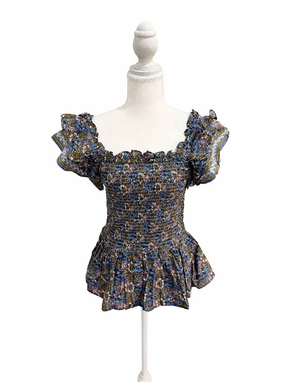 Jennifer & Grace Smocked Floral Peplum Top NWT Blue Boho Cottagecore Small